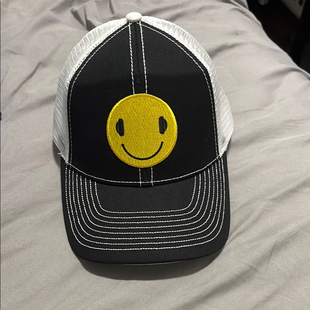 Black and White Trucker Hat with Yellow Smiley Face